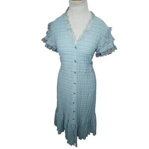 Opening Ceremony Blue Crinkle Lace Midi  Ruffle Trim Cottagecore Button Small